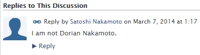 Запись в аккаунте Сатоши Накамото в 2014 году