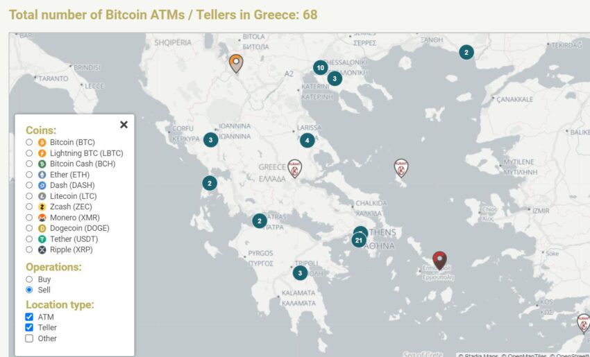 Карта криптоматов и других физических пунктов для продажи цифровых активов в Греции