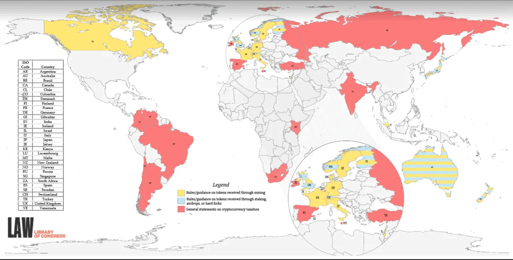 Красное — страны с поверхностным налогообложением, желтое — со средним, светло-бирюзовое — с наиболее детальным налогообложением