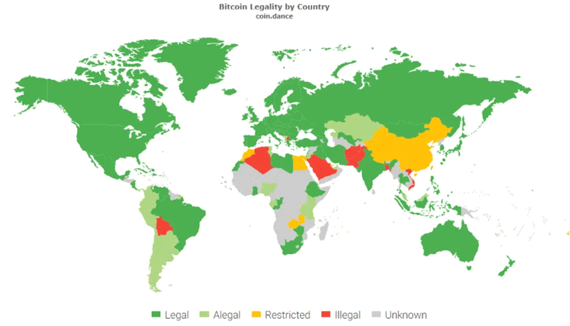 Карта легальности криптовалют в мире, на примере биткоина