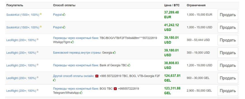 Предложения о продаже криптовалюты в Грузии
